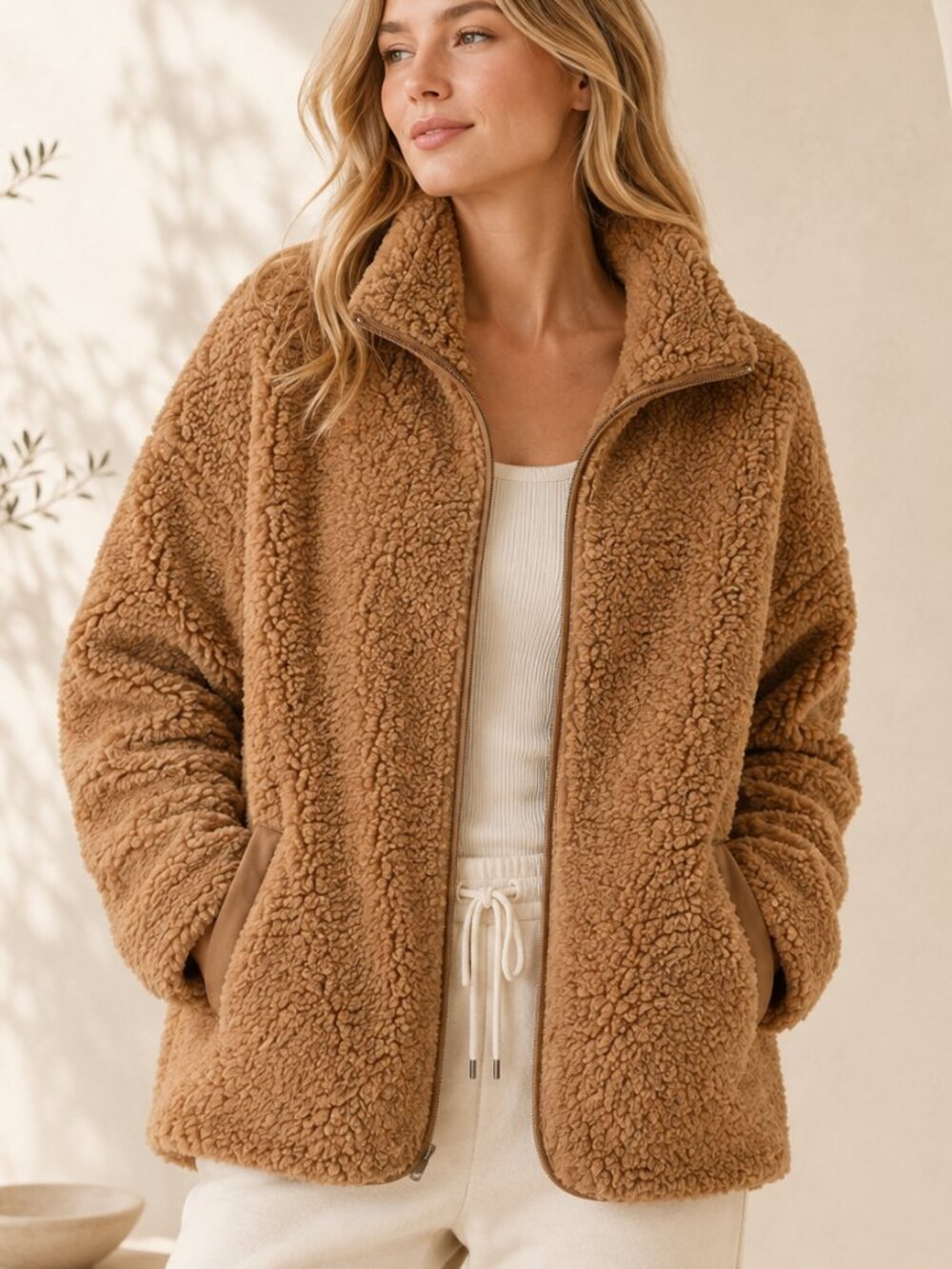 Athleta Cloud Fleece Teddy Jacket Pampas Beige Oversized Full Zip L